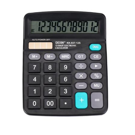 Pöytälaskin 12 numerolla, jossa suuri LCD-näyttö ja herkät
