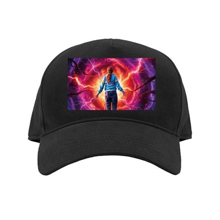 Kasket Stranger Things-inspireret scene med svævende pige, energivortex, gravsten og kraftige neonfarver, der skaber en mystisk, sci-fi og mørk fant