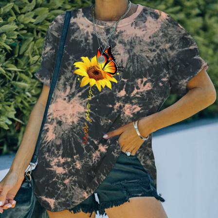 Dam Sunflower Butterfly Print Tunika Blus Crew Neck Tee
