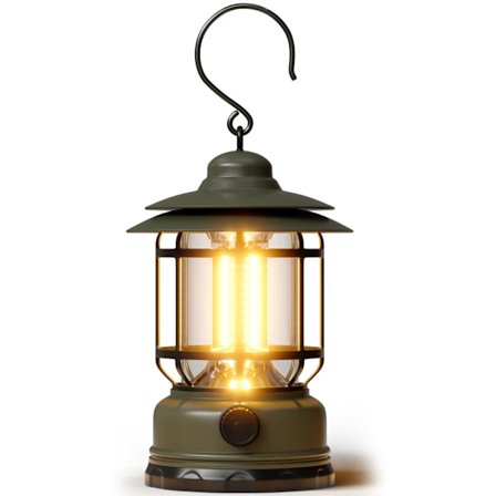 Bærbar LED campinglanterne, 1500 lumen med trinnløs dimming, lett, retrodesign, batteridrevet og USB-oppladbar teltlampe [Grønn]