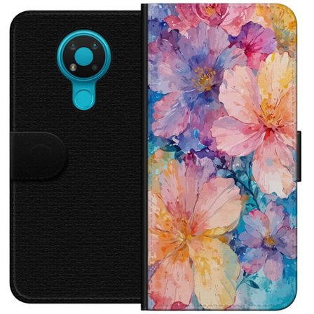 Yhteensopiva Lompakkokotelo Nokia Nokia 3.4 Vesivärimaalaus suurilla kukilla vaaleanpunaisissa, sinisissä ja keltaisissa sävyissä pehmeässä tait