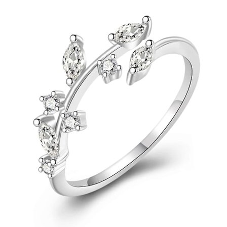 Sterling Silver Ringar - S925 Silver Justerbara Öppna Olivbladsringar med Cubic Zirconia Flickor Kvinnor Smycken Gåvor (LGL)