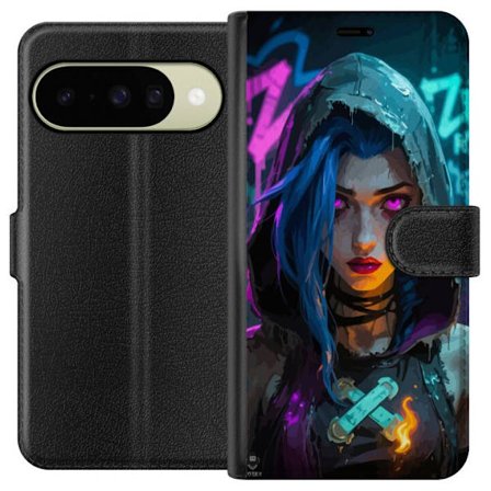 Kompatibelt Plånboksfodral till Google Google Pixel 10 Neon tjej huva cyberpunk glöd graffiti lila ögon vildsint futuristisk gatukonst stark attity