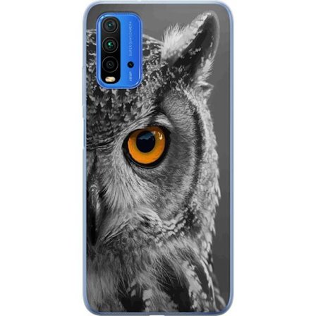 Yhteensopiva Puhelinkuori Xiaomi Redmi Note 9 4G Mustavalkoinen lähikuva pöllöstä, jossa on voimakkaan oranssi silmä ja yksityiskohtainen sulan