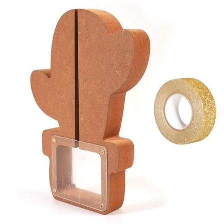 Cactus säästöpossu MDF puu 25 x 18 x 3 cm + ilmainen kulta glitter maalarinteippi 5 m kastanj