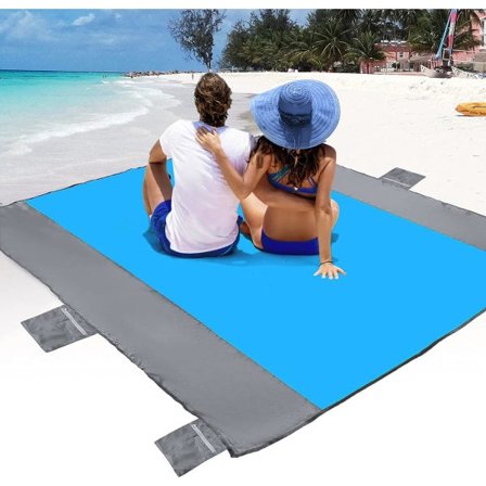 IC Strandtæppe, sandfri strandmåtte ?108"x85,2"/83"x78" til 7 personer, ekstra stor strandtæppe Vandafvisende sandtæt med 6 pløkke