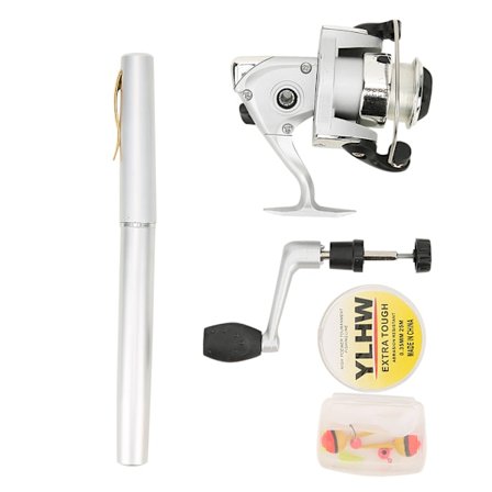Bærbar Mini Letvægts Penformet Multifunktionel Lommefiskerstang med Line Hjul Sølv