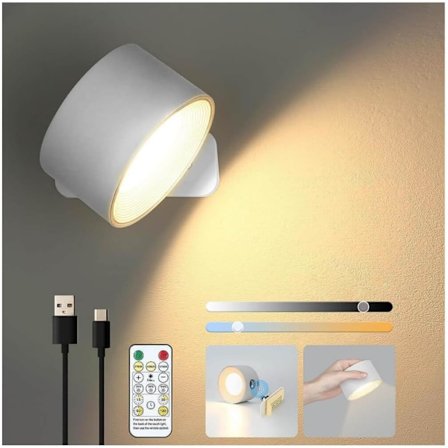 Væglamper, LED læselamper til seng, 360° roterende Infinity væglampe med fjernbetjening, trådløs soveværelsesbelysning