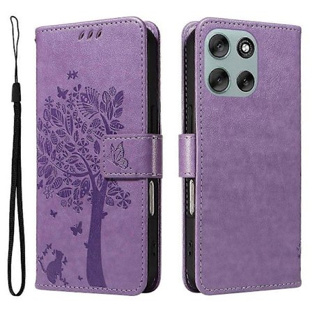 For Motorola Moto G56 5G Telefondeksel med Stativ Kattetre Mønster Lær Lommebok Telefondeksel (Lys Lilla, Lys Lilla)