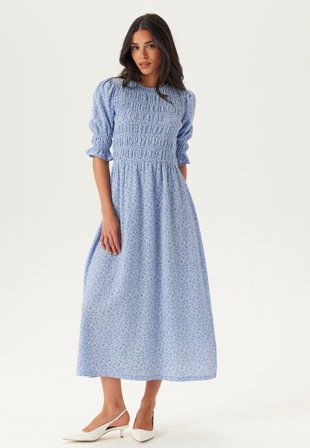 BUBBLEROOM - Short Sleeve Smock Dress - Blue/Floral