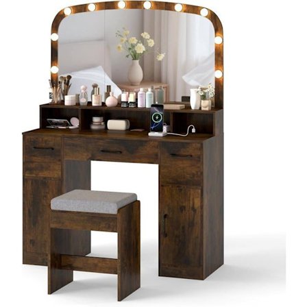 COSTWAY Makeupbord med Skammel Hollywood Spejl med Justerbare LED-lys, Opladningsstation, Brun