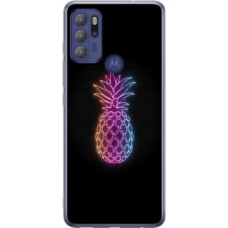 Kompatibelt Mobilskal till Motorola Motorola Moto G60S Neonillustration av ananas i färgglatt ljus mot svart bakgrund