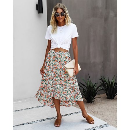 Kvinde Højtaljet Blomster Midi Boho Elastisk Højtaljet Nederdel Slid A-Linje Fl