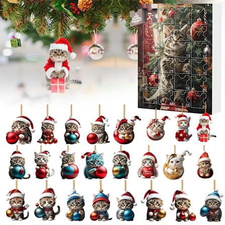 Katt-Adventskalender 2024, 24 dagars julnedräkning med söta kattdockor, juldekorationer 2