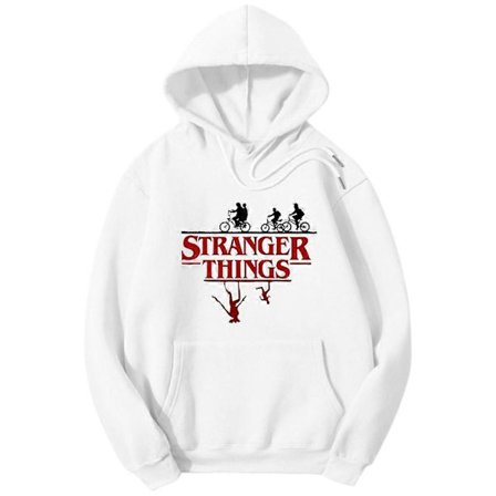 2022 Stranger Things Hettegenser med snøring og stor lomme, Casual Streetwear Oversized Pullover Hvit