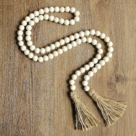 148 cm träpärlgarland med tofsar Rustik inredning Bohemiska pärlor Stor väggdekoration