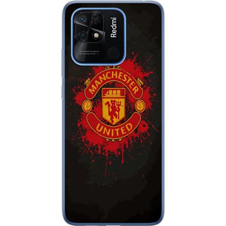 Kompatibelt Mobildeksel til Xiaomi Xiaomi Redmi 10C Manchester United logo i rød og gul farge med røff sportslig bakgrunn