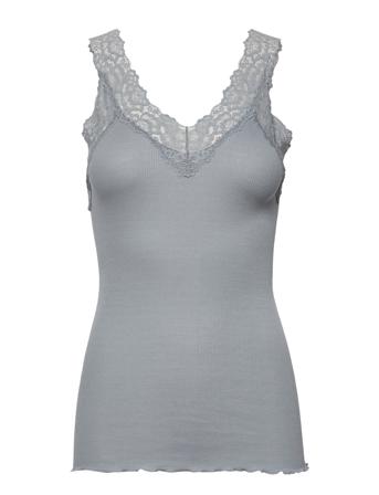 Organic Top V-Neck Regular W/Lace Top Ærmeløs Top Grå Rosemunde