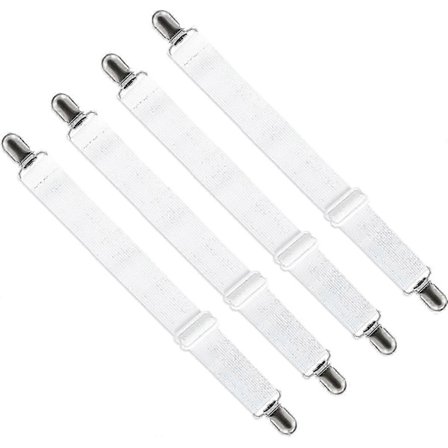 Justerbar Dra-på-lakan Sträckare (65cm till 200cm), Justerbar Fästrem Fäste (Vit, 4-pack) [DB]