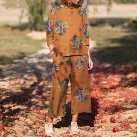 Boho Blommiga Printed Kvinnor Set 2 St Kostymer Sommar 3/4 Ärm Blo