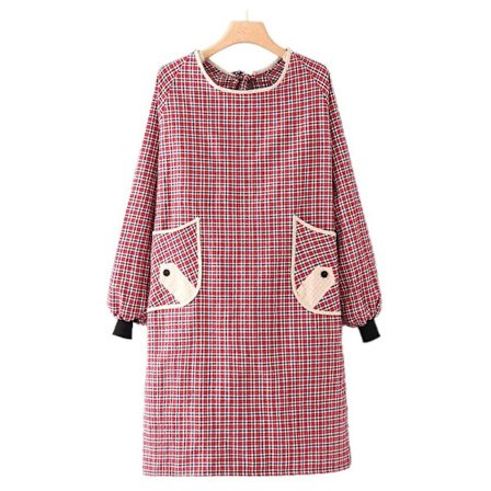 Naisten puuvillapellavasta valmistetut pitkähihaiset essut taskuilla, viininpunainen ruoanlaittoon