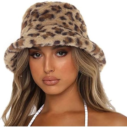 Vinter Leopard Print Faux Wool Bucket Hat, Tyk Plys Bucket Hat, Tyk Plys Bucket Hat til Camping Vandring til Kvinder Piger Brun
