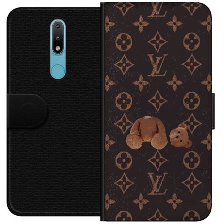 Kompatibel Tegnebogsetui til Nokia Nokia 2.4 Luksuriøst monogrammønster med knust bamse i mørk modeæstetik