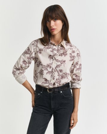 GANT Damen Regular Fit Bluse aus Baumwoll-Voile mit Baum-Print (44) Violett