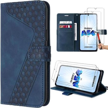 Etui til Samsung Galaxy A54 5G + 2 hærdede briller, marineblå, stødsikker præget PU-læder med kortholder og stativ marinblå