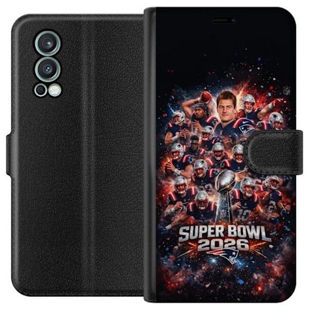 Yhteensopiva Lompakkokotelo OnePlus Nord 2 5G Super Bowl 2026 juliste, jossa New England Patriots ja NFL-mestaruuspalkinto räjähtävän urheilullisessa
