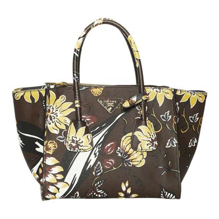 Prada Vintage, Pre-owned Printed City Double Zip Satchel Leather Calf Bruin, Dames, Maat:ONE Size