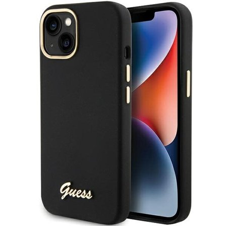 Guess Silikone Script Metal Logo & Frame-etui til iPhone 15 - sort