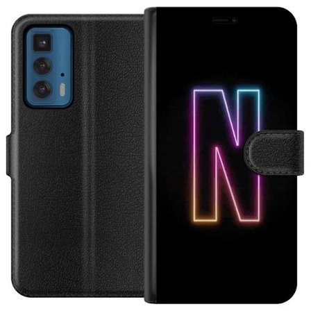 Yhteensopiva Lompakkokotelo Motorola Motorola Edge 20 Pro Minimalistinen neonkirjain N värinvaihtuvassa valossa mustaa taustaa vasten