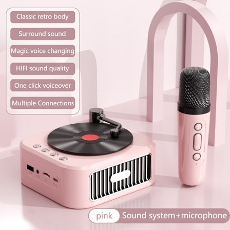 Rose + 1 Mikrofon - Ny Design Portabel Mini CD-spelare Klassisk Retro Trådlös BT Stereo Högtalare Tung Bas FM USB-minne TF Handsfree