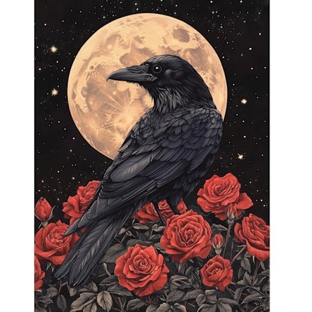 Raven Timanttimaalaussarja Täysi Porakone 5D, Goottilainen Kuu Ja Punaiset Ruusut -maisema, DIY Tumman Romanttinen Taide, Lahja Noitaisille Sieluille 