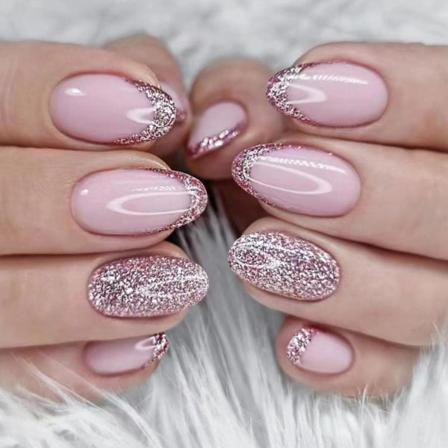 24 stk mandelformede trykk-på negler, korte, franske spiss falske negler blanke rosa glitter falske negler med lim klistremerker, ovale full dekning