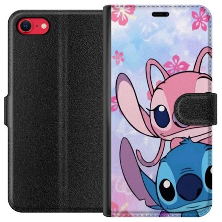Apple iPhone SE (2020) Tegnebogsetui Stitch og Angel i pastelfarver med romantiske lyserøde og blå toner og en blød Disney-følelse, der fanger der