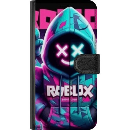 Motorola Edge 50 Fusion Tegnebogsetui Roblox neon hætteklædt figur med en maskeret karakter i blå og lyserøde neonfarver, der giver en tydelig cyb