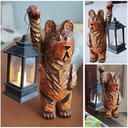 Utskjært bjørn motorsagskjæring, håndlaget utskåret bjørn i harpiks med lanternehagedekorasjon