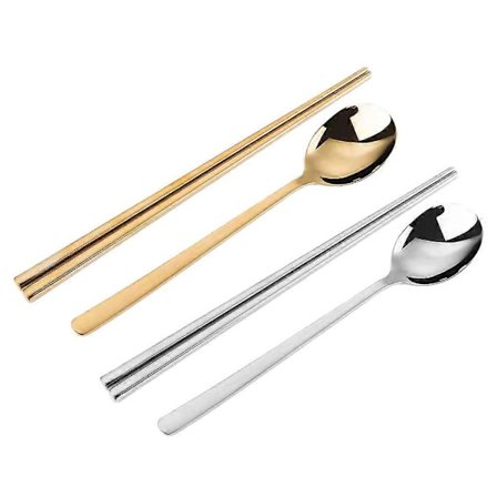 2 Sett Spisepinner og Skjeer Rustfritt Stål Metall Koreanske Spisepinner Skje