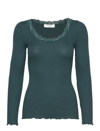 Silk T-Shirt W/ Lace T-shirts & Tops Long-sleeved Grønn Rosemunde*Betinget Tilbud