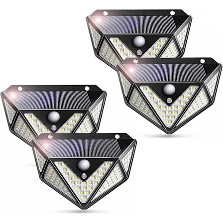 4-pack 100 LED-bredstrålkastare med vidvinkel och rörelsesensor för staket, däck, uteplats, ytterdörr, gård, garage