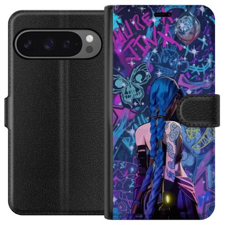 Kompatibelt Plånboksfodral till Google Google Pixel 9 Pro XL Färgstark graffitiillustration med blåhårig karaktär i urban neonstil och kreativt k