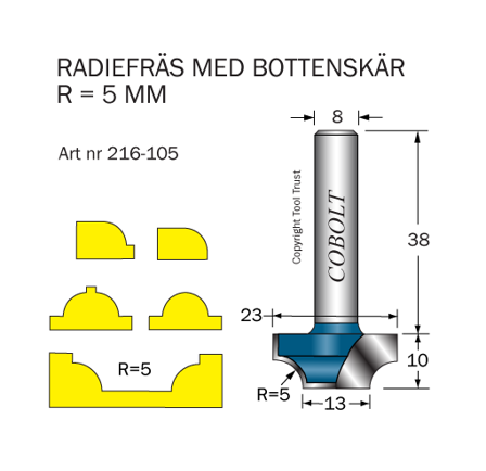 Cobolt 216-105 Radiusfres R=5 D=23/13 L=10, Maskintilbehør & forbruk
