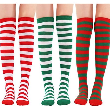 3 Par Jule Stribede Knæstrømper Lange Julestrømper Elf Strømper Rød Grøn Hvid Stribede Strømper til Jul Kvinder Piger Kostume