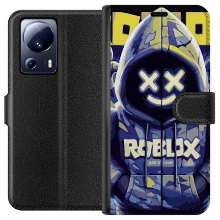 Kompatibelt Lommeboketui til Xiaomi Xiaomi 13 Lite Blågul Roblox hettegenserfigur med minimalistisk neonstil og masket ansikt, moderne spillillustras