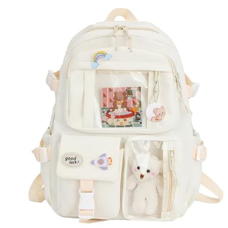 Kawaii ryggsekk med pinner og tilbehør, stor kapasitet søt bjørn tilbehør ryggsekk for tenåringsjenter hvit