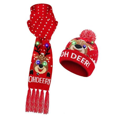 Hætte- og Halstørklæde Sæt med LED Lys, Julehat, Snefnug, Julemand, Klar, Juletræ, Festlig Frynser Halstørklæde, Beanie