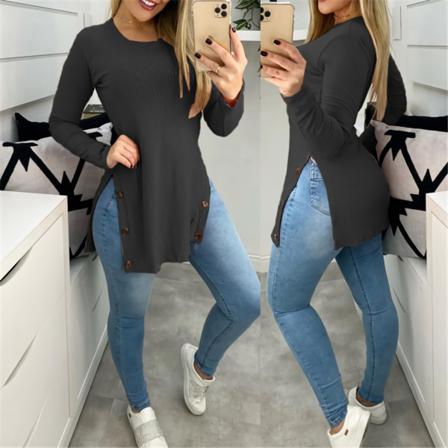 Elegant Långärmad Skjorta Dam Sexig Sida Slit Button Toppar Pullo