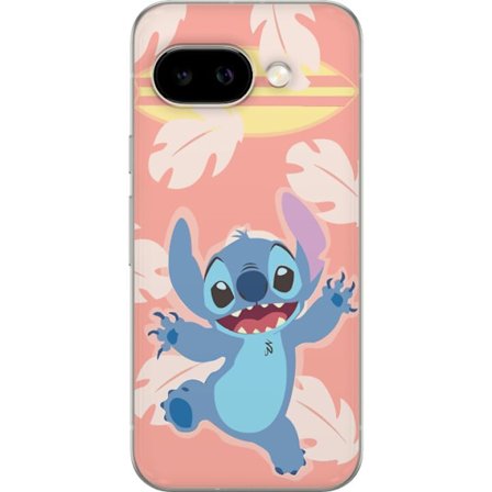 Kompatibel Mobilcover til Google Pixel 9a Glad illustration af Stitch der hopper foran lyserød baggrund med surfbræt